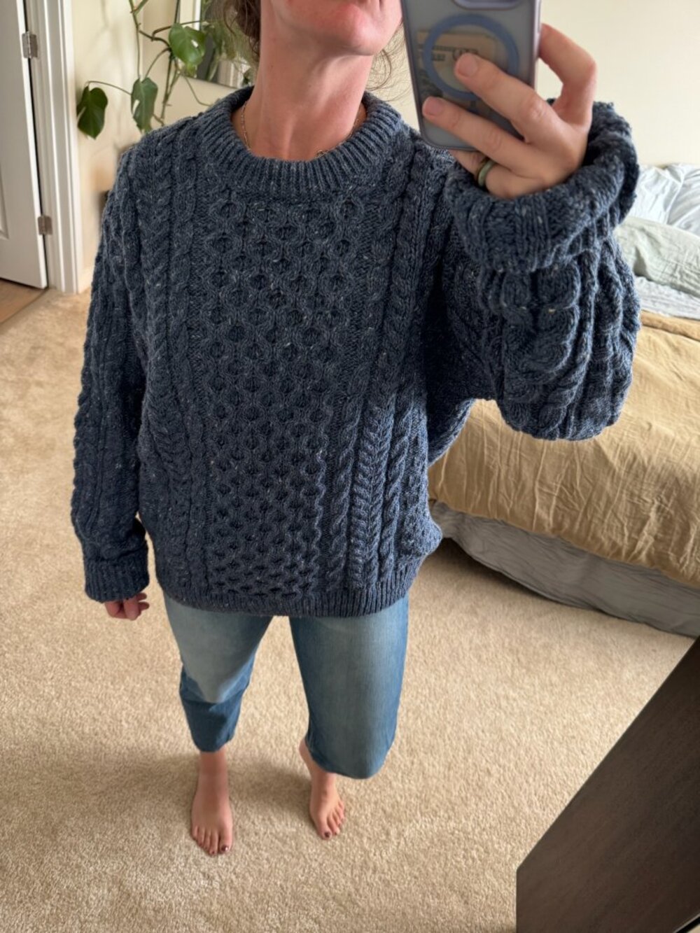 Retro L.L. Bean Navy Flecked Wool Fisherman Sweater Size XL